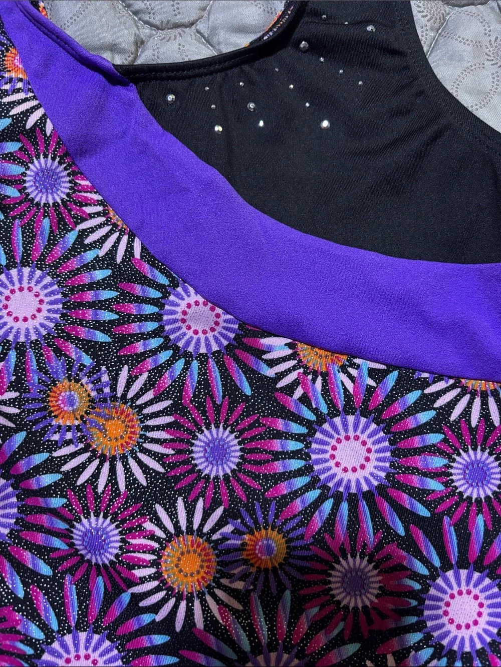 Floral Stretch Active Leotard with Purple Accent